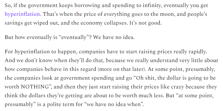 6/But what happens then? At some point, presumably, you get hyperinflation.But here's the catch: No one has any idea where that "some point" is!!