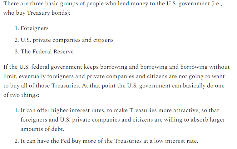 4/Well, here are the three groups of people who lend money to the U.S. government. If foreigners and private U.S. companies/citizens stop buying U.S. government bonds, we'd need to have the Fed step in.