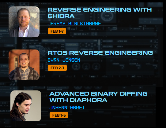_ringzer0's tweet photo. Register now for advanced training in #reverseengineering beginning Feb 1 at #Unlock2021
👇👇
>>Reverse Engineering w/ #Ghidra by @0xJeremy 
>>#RTOS Reverse Engineering by @jensensec 
>>Advanced #BinaryDiffing w/ #Diaphora by @matalaz

https://t.co/sNlvMWjzOg https://t.co/DkiQsgBMDL