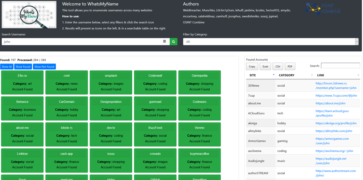 The whatsmyname.app #username #OSINT web site now has over 280 sites that you can check for a username from within your browser.

- Export results to a file.
- All checks from your browser. 
- Free
- Fast
