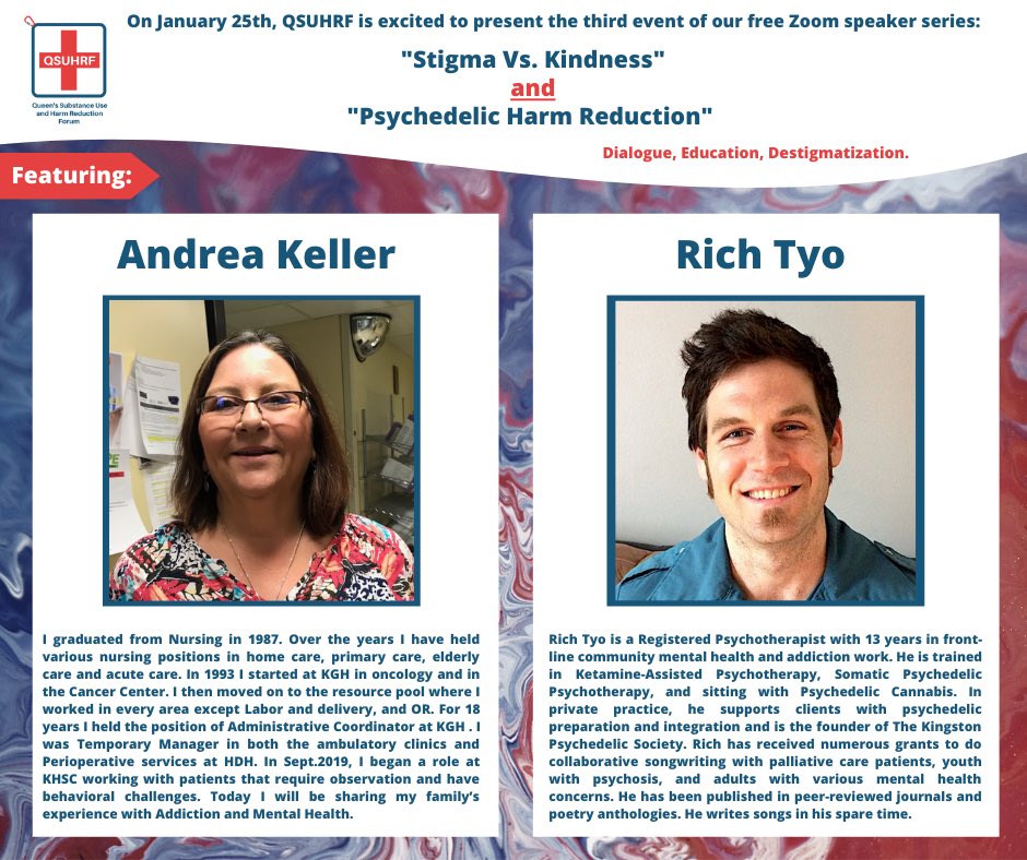 CSSDPqueens's tweet image. Save the date! The Queen’s Substance Use and Harm Reduction Forum is thrilled to host Andrea Keller and Rich Tyo on January 25th at 7:00pm. We’re looking forward to this important discussion of addiction, stigma, psychedelic harm reduction and mental health.