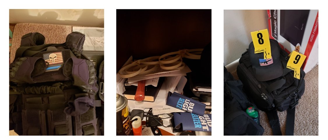 Court papers show what authorities said they found. Left: Tactical vest with a “Punisher” comic book and Tennessee “thin blue line” patches.Center: Five pairs of white plastic handcuffs. Right: A baseball cap depicting a rifle and a flag