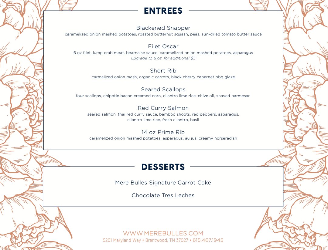 Enjoy a delicious Mere Bulles meal this Valentine's Day! Whether you choose to dine in or order your food to go, your taste buds are in for a treat! Check out the available menu for the pre-fixed four course meal.
