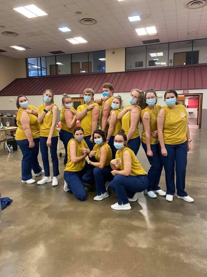 ETBU's tweet photo. We have been proud to see the ETBU Nursing Department stepping out to assist with the COVID-19 vaccination clinic this week in Marshall! #EnhancingCommunity https://t.co/0RFvQglxQ0