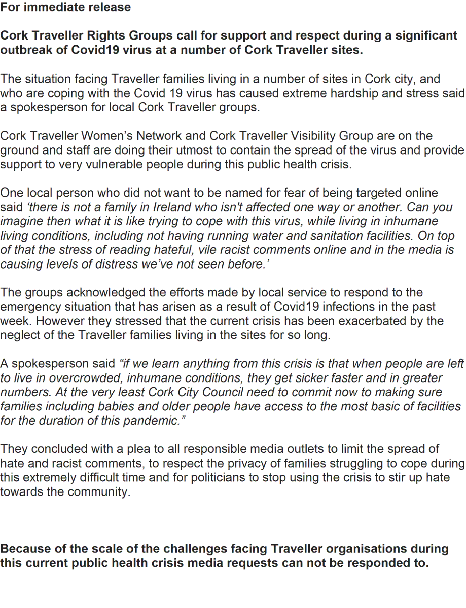 tvgcorkclg's tweet image. TVG &amp;amp; Cork Traveller Women's Network have published a joint statement on Covid 19 and its impact on the Traveller community in Cork. And a request to media &amp;amp; politicians to do their part to reduce the spread of anti-Traveller racism during these challenging times. Read here: