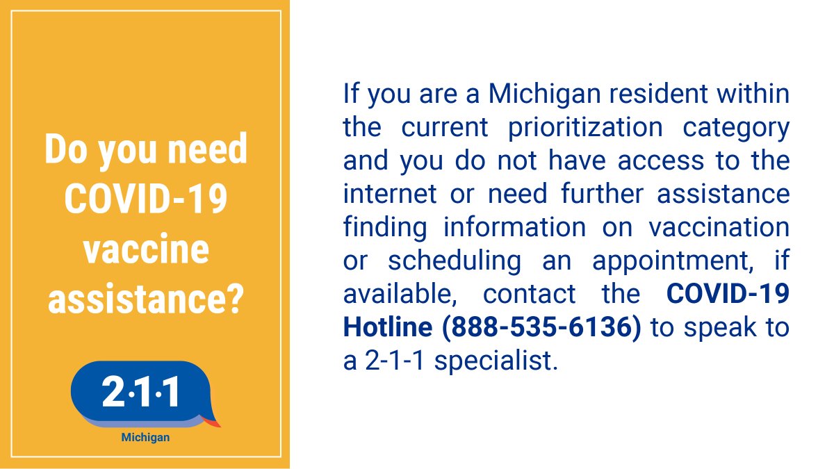 For information about the COVID-19 vaccine, prioritization groups, and vaccination locations, visit michigan.gov/COVIDvaccine and click on vaccine locations. Please check this site often as it is updated frequently.
