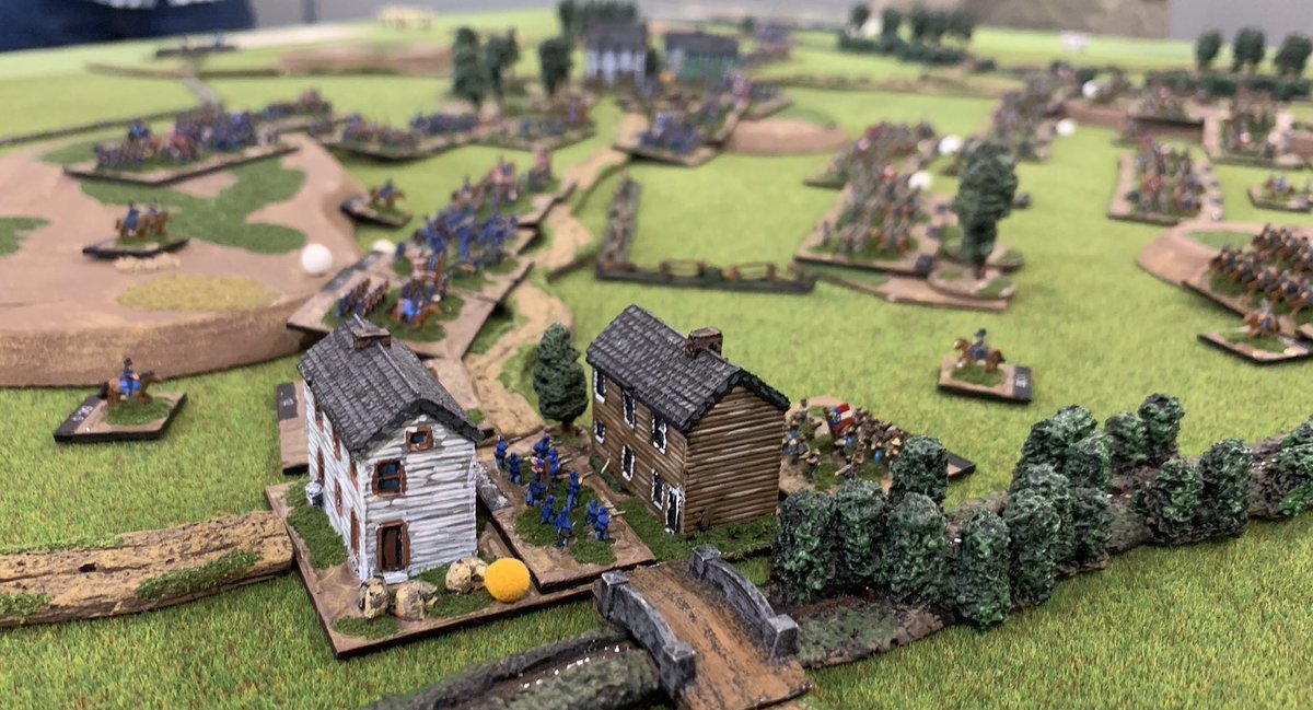 Friday evening’s multiplayer 6mm ACW game set in 1863 using Volley & Bayonet. Lee with two strong corps under Longstreet & A.P. Hill, clashed with Fighting Joe Hooker’s four corps commanded by Warren, French, Howard & Sedgwick. The battle can only be described as ferocious. 1/3