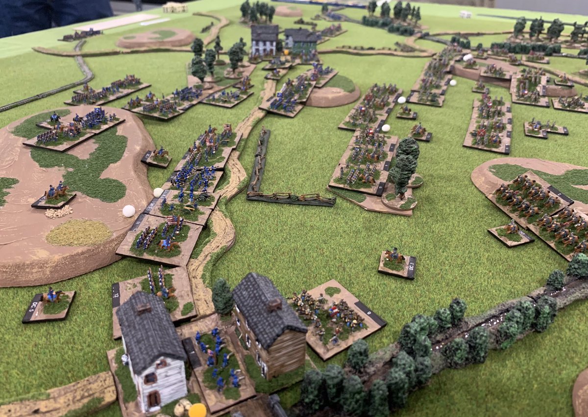 Friday evening’s multiplayer 6mm ACW game set in 1863 using Volley & Bayonet. Lee with two strong corps under Longstreet & A.P. Hill, clashed with Fighting Joe Hooker’s four corps commanded by Warren, French, Howard & Sedgwick. The battle can only be described as ferocious. 1/3