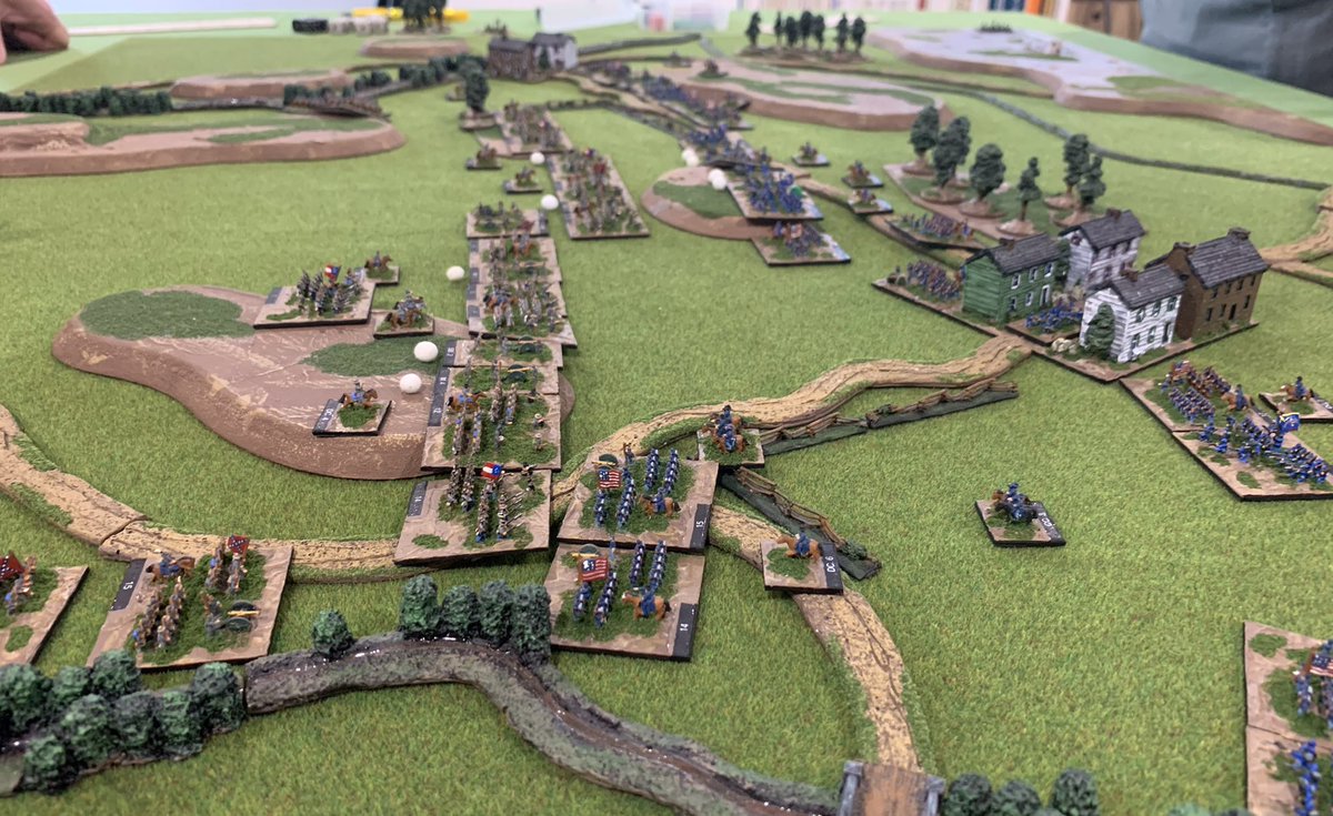Friday evening’s multiplayer 6mm ACW game set in 1863 using Volley & Bayonet. Lee with two strong corps under Longstreet & A.P. Hill, clashed with Fighting Joe Hooker’s four corps commanded by Warren, French, Howard & Sedgwick. The battle can only be described as ferocious. 1/3
