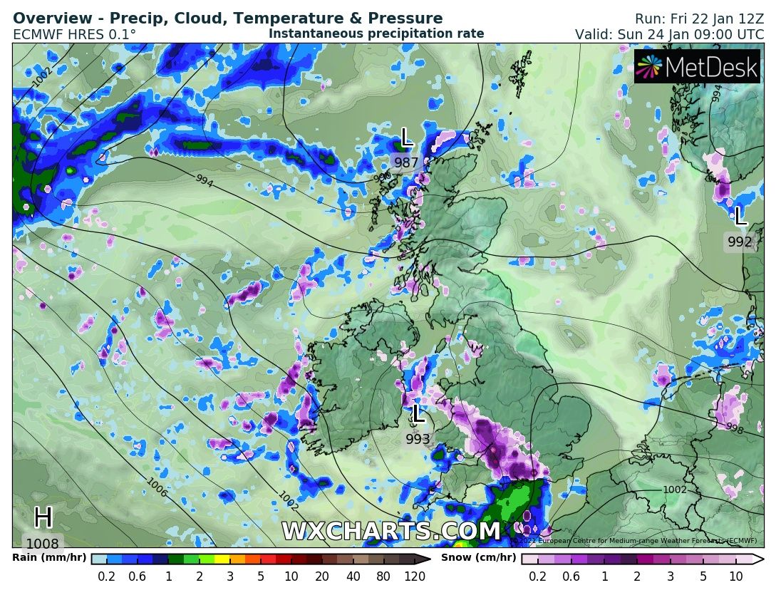 snowwatchGB's tweet photo. Sunday, at this stage looking promising for SW England and Southern Wales. Question is; how far East will it get before fizzling out or turning back to rain... one for nowcasting perhaps. Watching for last minute correction North/South or weakening #uksnow https://t.co/wz3tvKm0GL