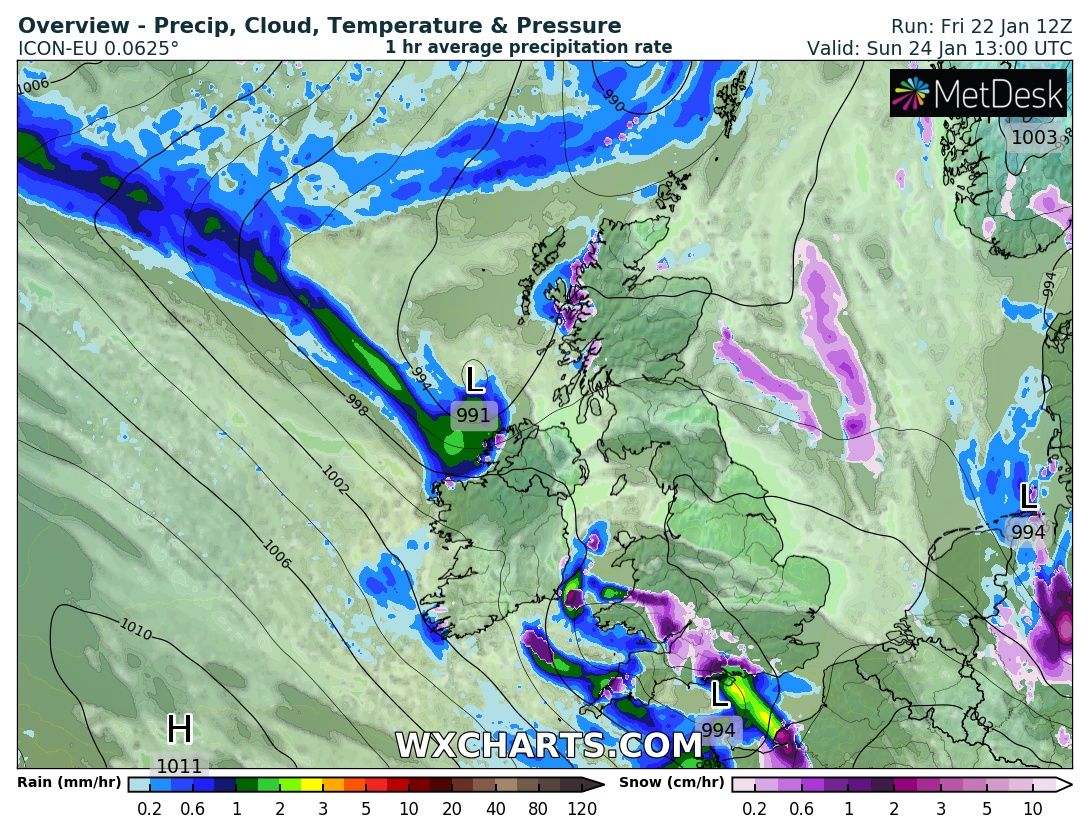 snowwatchGB's tweet photo. Sunday, at this stage looking promising for SW England and Southern Wales. Question is; how far East will it get before fizzling out or turning back to rain... one for nowcasting perhaps. Watching for last minute correction North/South or weakening #uksnow https://t.co/wz3tvKm0GL