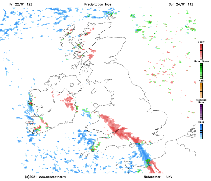 snowwatchGB's tweet photo. Sunday, at this stage looking promising for SW England and Southern Wales. Question is; how far East will it get before fizzling out or turning back to rain... one for nowcasting perhaps. Watching for last minute correction North/South or weakening #uksnow https://t.co/wz3tvKm0GL