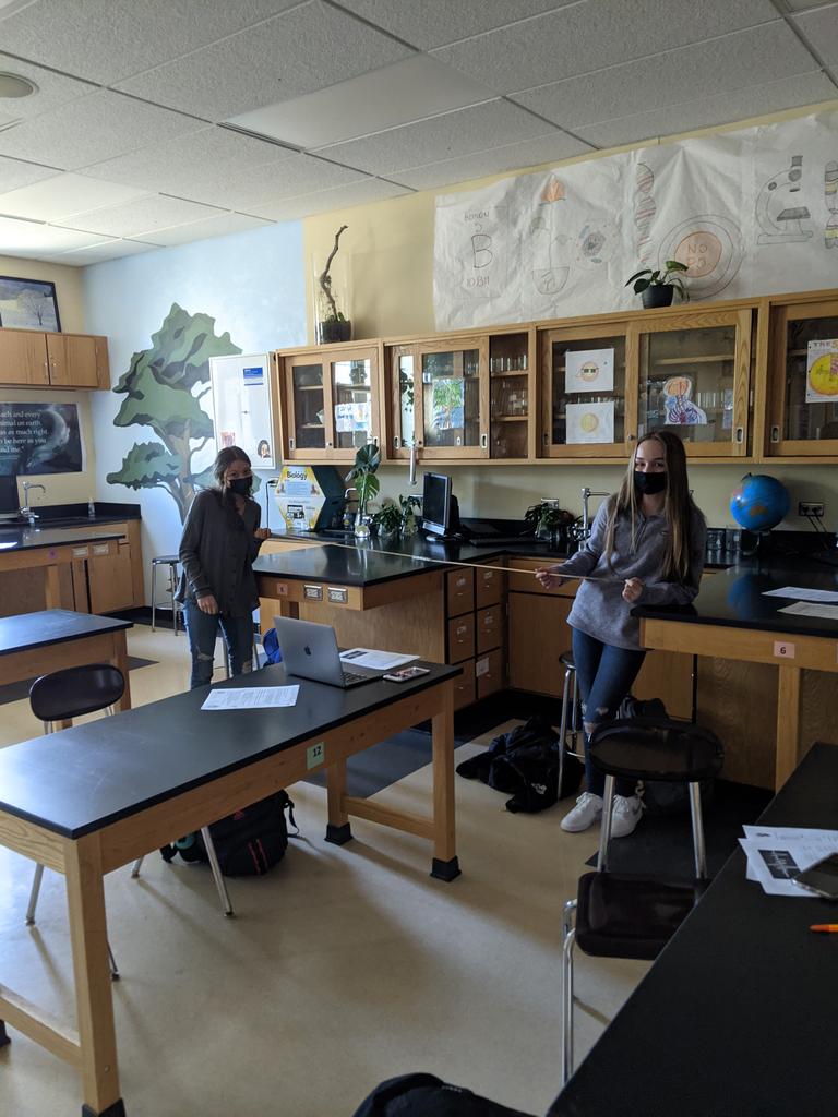 Honors Bio Heart Rate Lab! Alyson and Jacqueline were lab partners with the condition of keeping this double meter stick between them!  It's so nice when we brainstorm and problem solve together (students and teachers). #whpantherpride