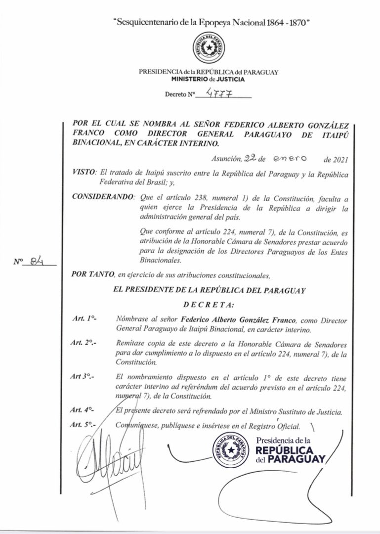 Por Decreto N° 4777, el presidente de la República <a href="/MaritoAbdo/">Marito Abdo</a> designa como nuevo Director General paraguayo, en carácter interino, de la <a href="/itaipuparaguay/">ITAIPU Binacional Py</a> a <a href="/FedericoA_GF/">Federico A. González</a> en reemplazo de Ernst Bergen👉 presidencia.gov.py/archivos/docum…