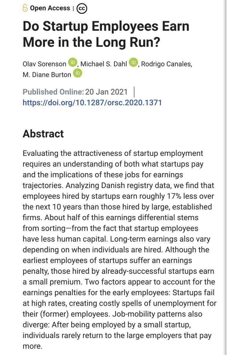 Is joining a startup good for future earnings? Nope, finds this paper using Danish data

The reasons are interesting: Many startups fail so startup employees have periods of unemployment. Plus, once folks work at a startup they don’t want to go back to big firms (which pay more!)