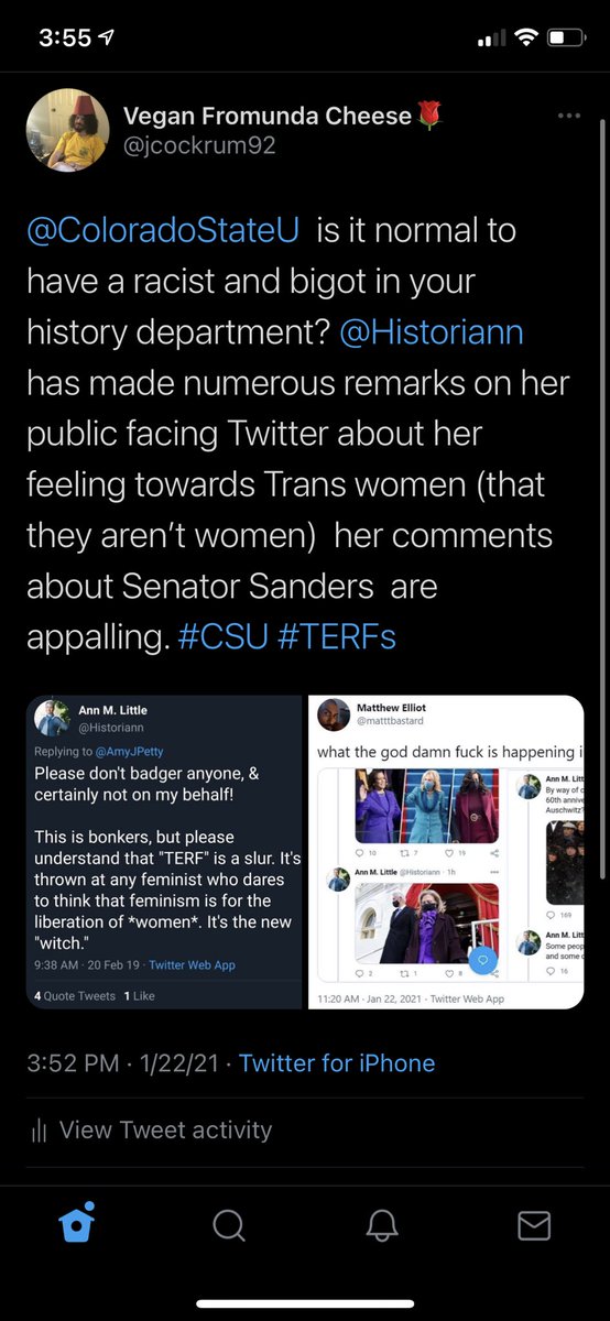 Amazing that they allowed a racist TERF to work in a history department at a public university. I wonder how often she intentionally misgenders MTF women? Maybe @ColoradoStateU can help clarify. #TERFs shouldn’t be instructing young minds, and this woman should be removed now!