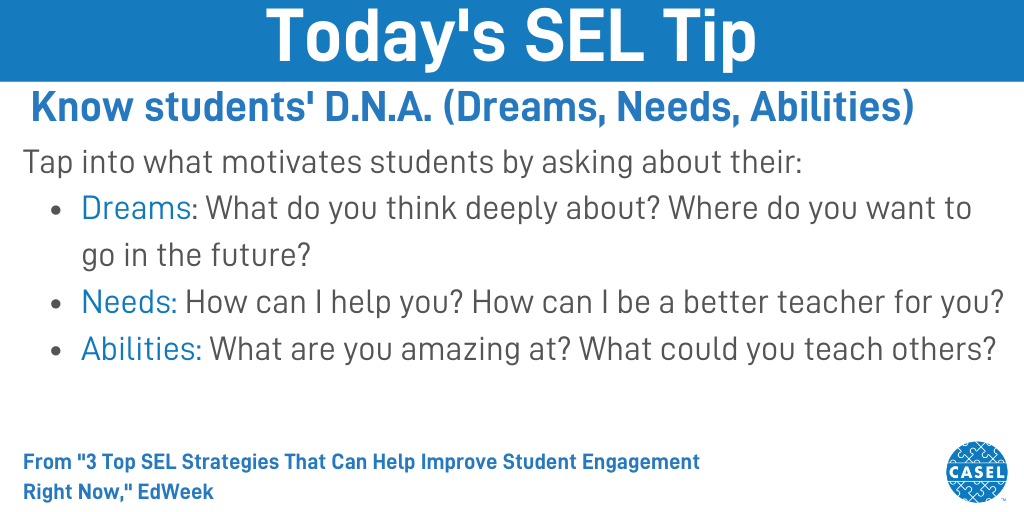 caselorg's tweet photo. From @edweek: How can use #SEL to improve student engagement? This activity helps students feel connected &amp; welcome. Read more: https://t.co/AQhtlPj0ip

Build a safe &amp; supportive environment: https://t.co/5i4FVznXio
Build relationships during #COVID19: https://t.co/7nJsV57QWQ https://t.co/GyX2cDPZ7l