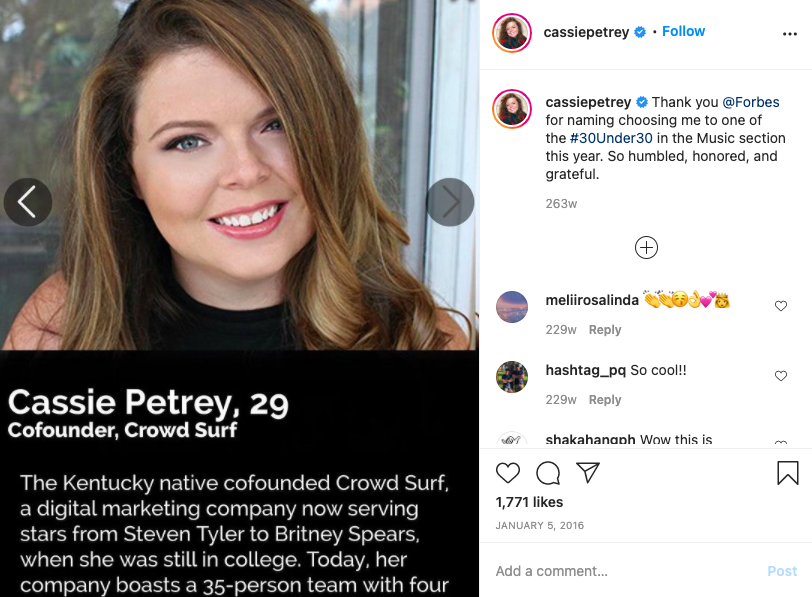 In 2016, Cassie was named on Forbes' "30 under 30" list in part because of her work with Britney Spears.  #FreeBritney