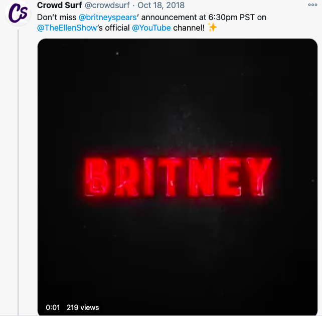 CrowdSurf was, however, actively promoting Britney's Domination residency in 2018 before it was cancelled.  #FreeBritney