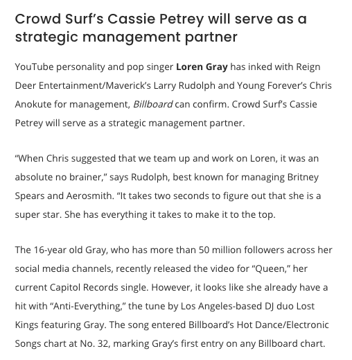 Cassie also works with Larry Rudolph managing new artists like Loren Gray.  #FreeBritney