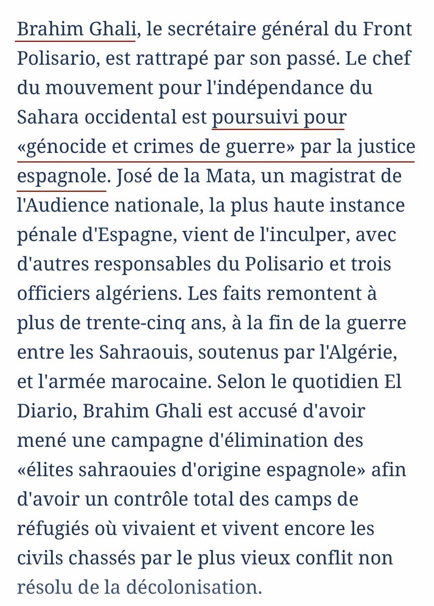  — « Des dirigeants Sahraouis appellent à une reprise du combat » : VRAIC’est même le chef du polisario Brahim Ghali qui lance cet appel. Pourquoi ne pas le nommer explicitement ? Pourquoi ne pas préciser qu’il est poursuivi par la justice pour génocide et crime de guerre ?