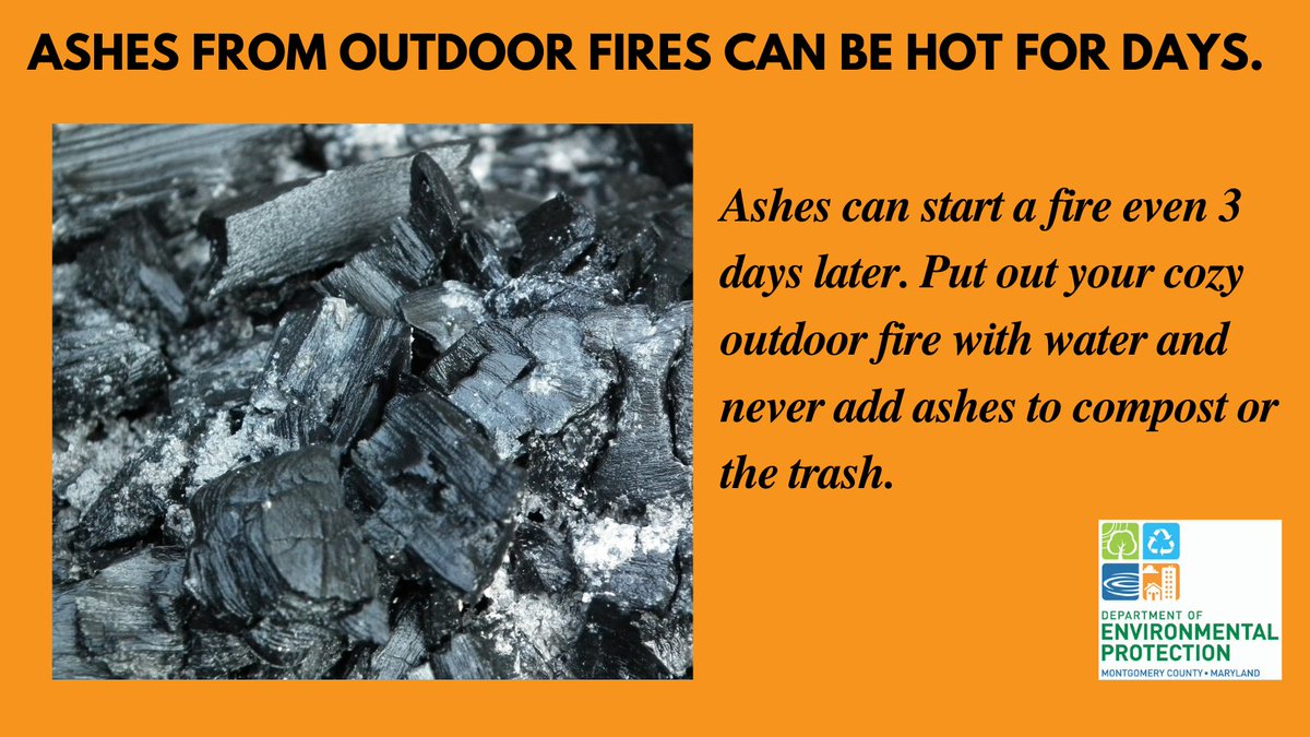 MyGreenMC's tweet image. 🔥 Ashes from outdoor fires can be hot for days. Extinguish your fire with water and gently stir and spread the ashes to cool. Never add hot ashes to compost or trash. #FireSafety #BackyardFire #FirePits @mcfrsPIO