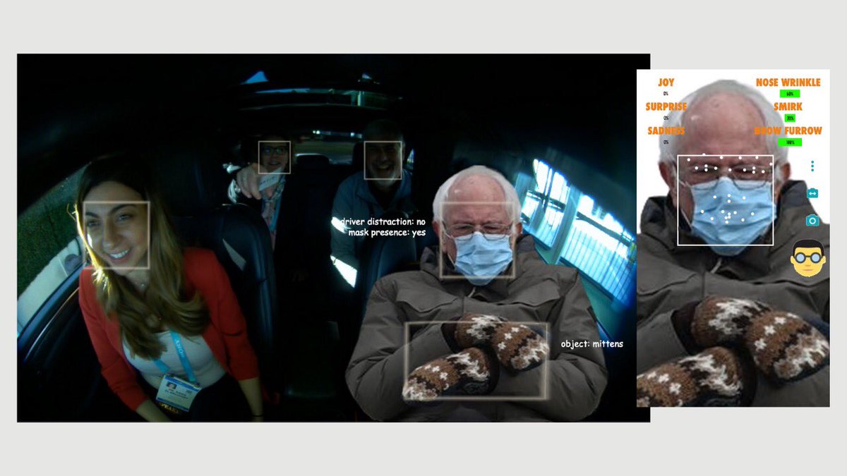 kaliouby's tweet photo. 9am D/O drycleaning
11am Joe’s thing
2pm Drop by Affectiva’s #EmotionAI lab😂
@Affectiva’s #ICS #AI detects ppl in vehicles, even tracking their faces when they wear masks&amp;objects they use. Didn’t expect we’d have to start detecting mittens🧤
#berniesmittens #BernieSandersMittens https://t.co/yYLlKAcdRM
