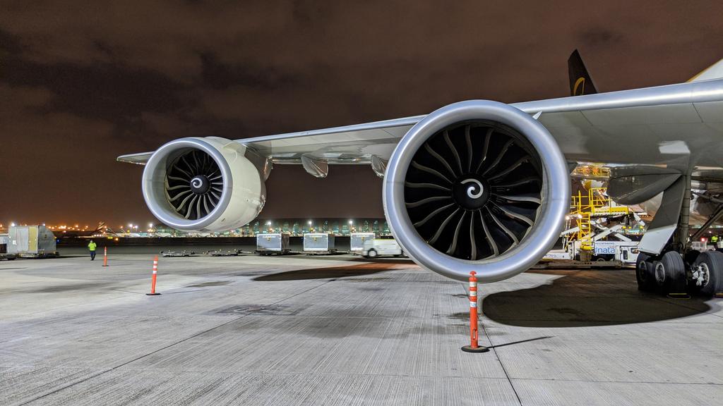 Each engine weighs 12,397 lbs. The fan diameter is 104.7 inches ~(8 feet 9 inches).