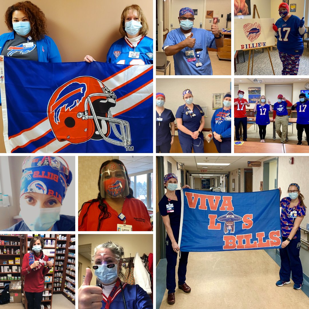 HighlandHosp's tweet photo. Are you a BILLiever!? Cause we are! Showing our pride today and looking forward to cheering on our @BuffaloBills. Social distancing tip: make sure you're always a Bills flag apart from your fellow fans. LET'S GO BUFFALO!❤️💙 https://t.co/hzM7QV7P9G