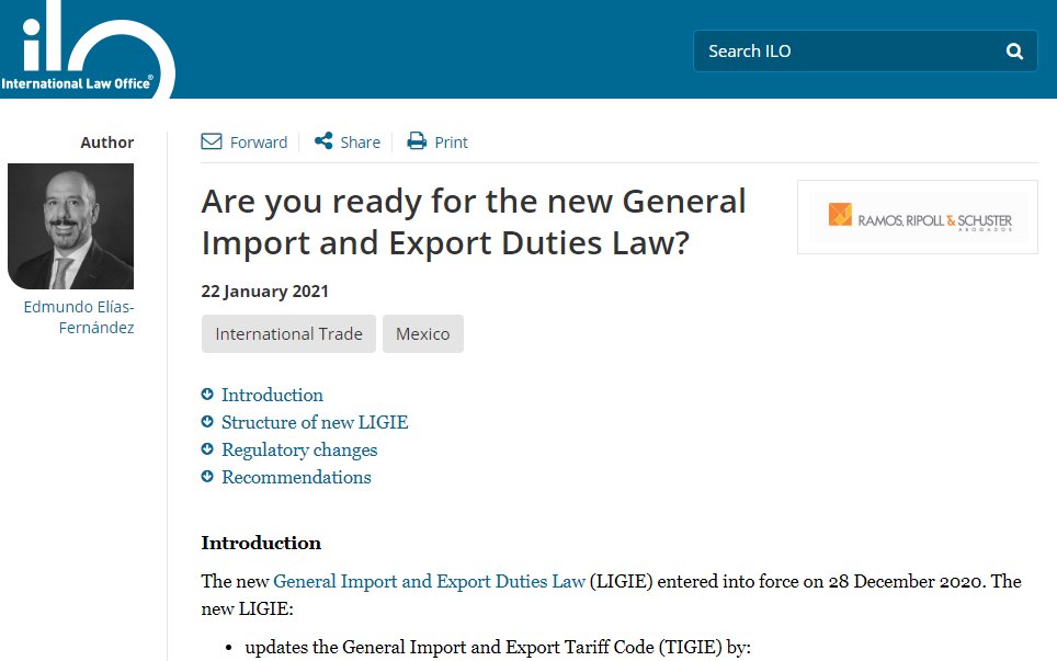 In our most recent contribution to <a href="/ILOinfo/">International Law Office</a>, <a href="/edmundoelias67/">Edmundo Elias</a> explains the implications of the new General Import and Export Duties Law (#LIGIE) which entered into force on 28 December 2020. 

internationallawoffice.com/Newsletters/In…