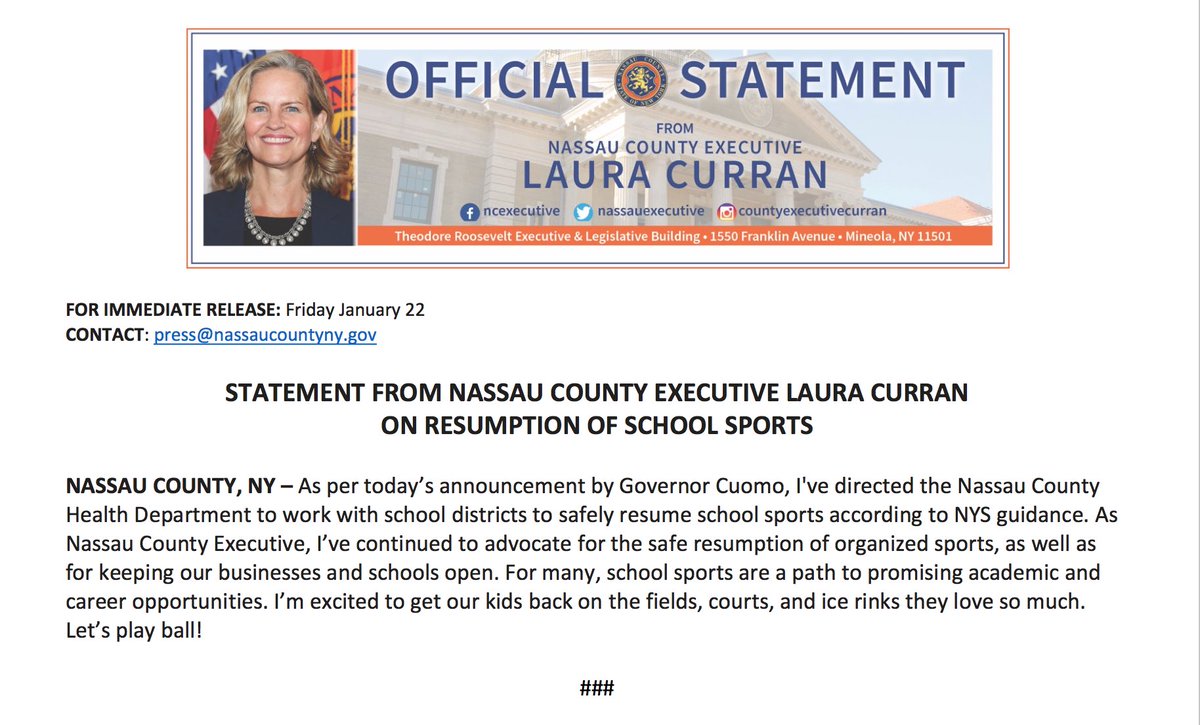 Laura Curran (@lauracurran516) on Twitter photo NEWS: I've directed the Nassau County Health Department to work with school districts to safely resume school sports (including football, basketball, and hockey) effective February 1st according to guidance issued by NY State. #LetThemPlay
My full statement: NEWS: I've directed the Nassau County Health Department to work with school districts to safely resume school sports (including football, basketball, and hockey) effective February 1st according to guidance issued by NY State. #LetThemPlay
My full statement: