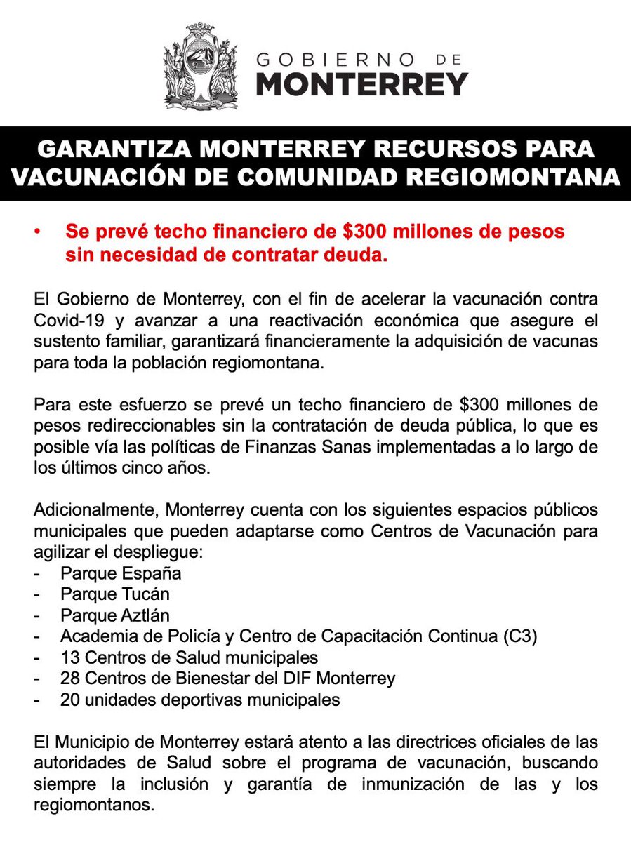 mtygob's tweet image. El Gobierno de Monterrey informa: Con el objetivo de acelerar la vacunación contra el COVID-19 y avanzar a una reactivación económica, el Municipio garantizará financieramente la adquisición de vacunas para toda la población regiomontana.