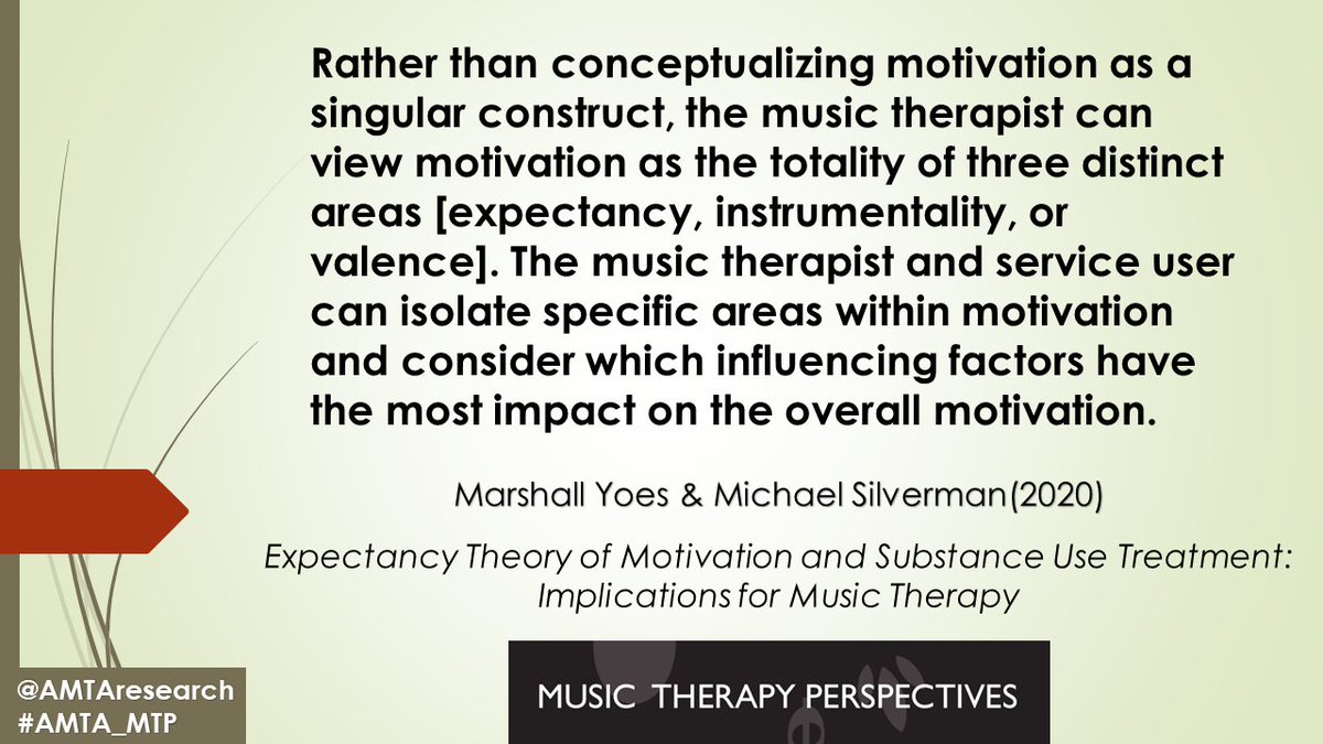 AmtaResearch's tweet photo. How might music therapy in substance use treatment be shaped by integrating Vroom's expectancy theory of motivation into clinical decision-making?
Read about it here: https://t.co/PzK8n2S1pj
#mtresearch #AMTA_MTP #musictherapy https://t.co/zC8bWSuJsa