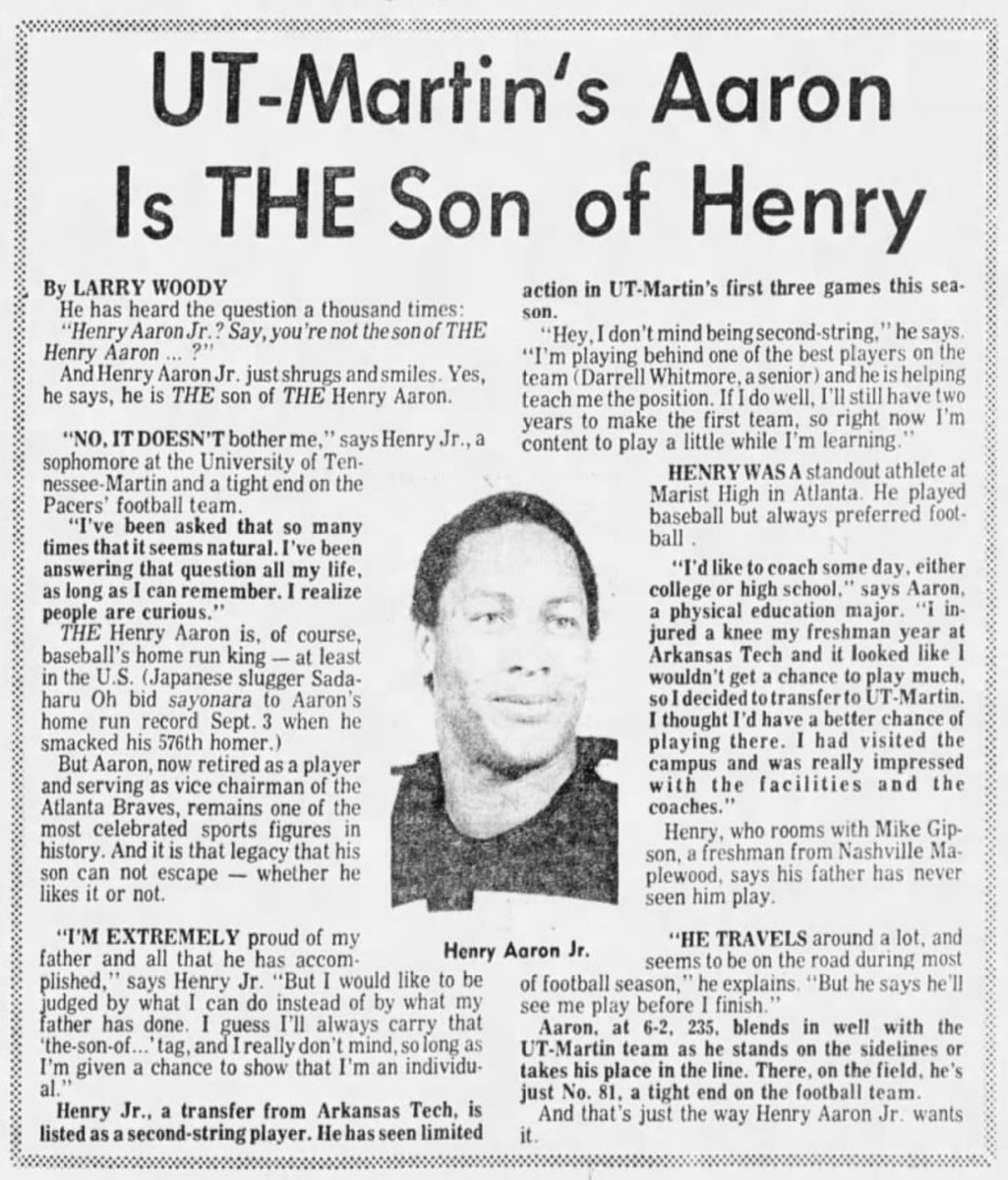 KC4UTIA's tweet image. Sad to hear of Hank Aaron's passing.  A childhood hero. He has tie to @utmartin as his son played football for the Pacers and the "Hammer" attended many games here. Here's a 1977 @Tennessean article about the Aaron family and @UTM_FOOTBALL #Legend