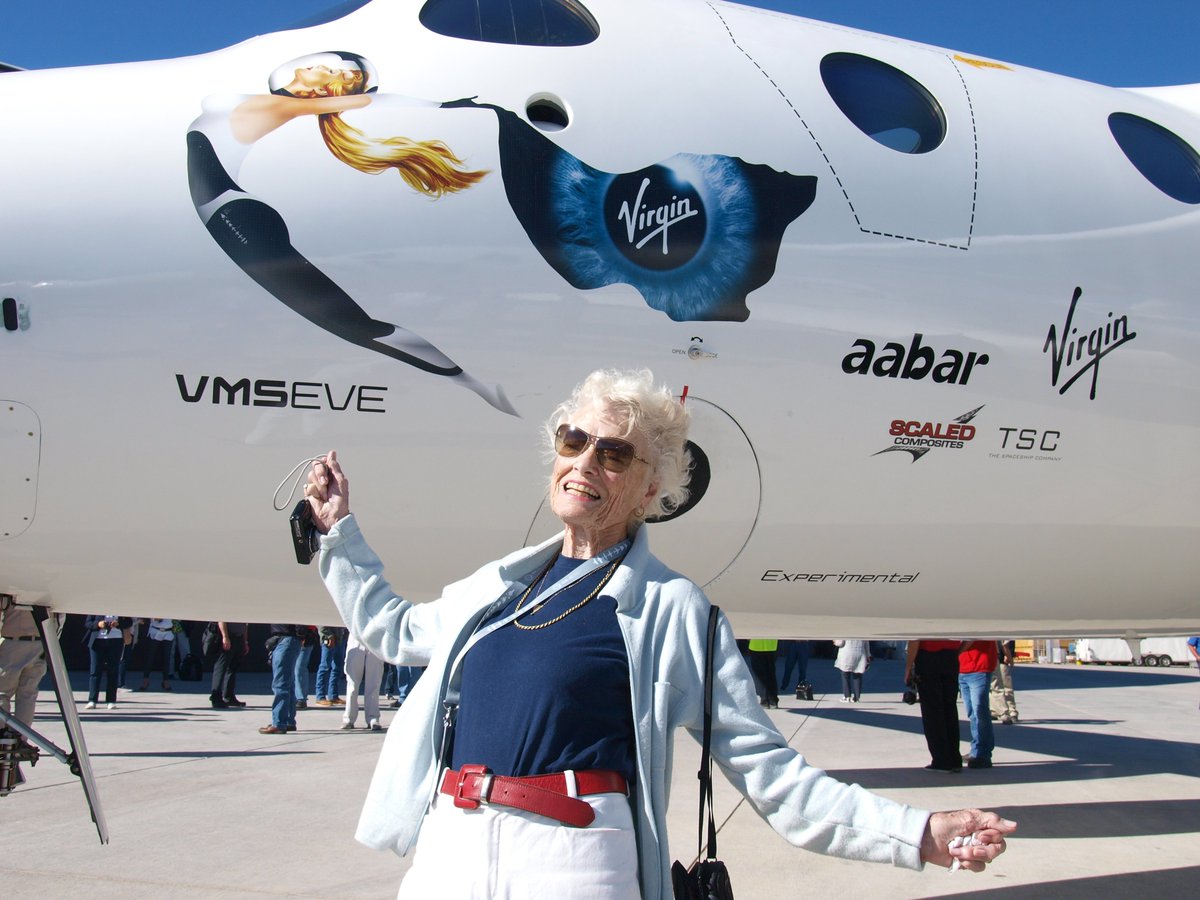 virgingalactic's tweet photo. VMS Eve is named after Richard Branson’s mother, Eve, who sadly passed away this month. Eve was always cheering us on and will be immortalized through our beautiful carrier aircraft. As Richard said: "There's no way you can have a mothership and not name it after your mother!" https://t.co/B5E2nIft9z