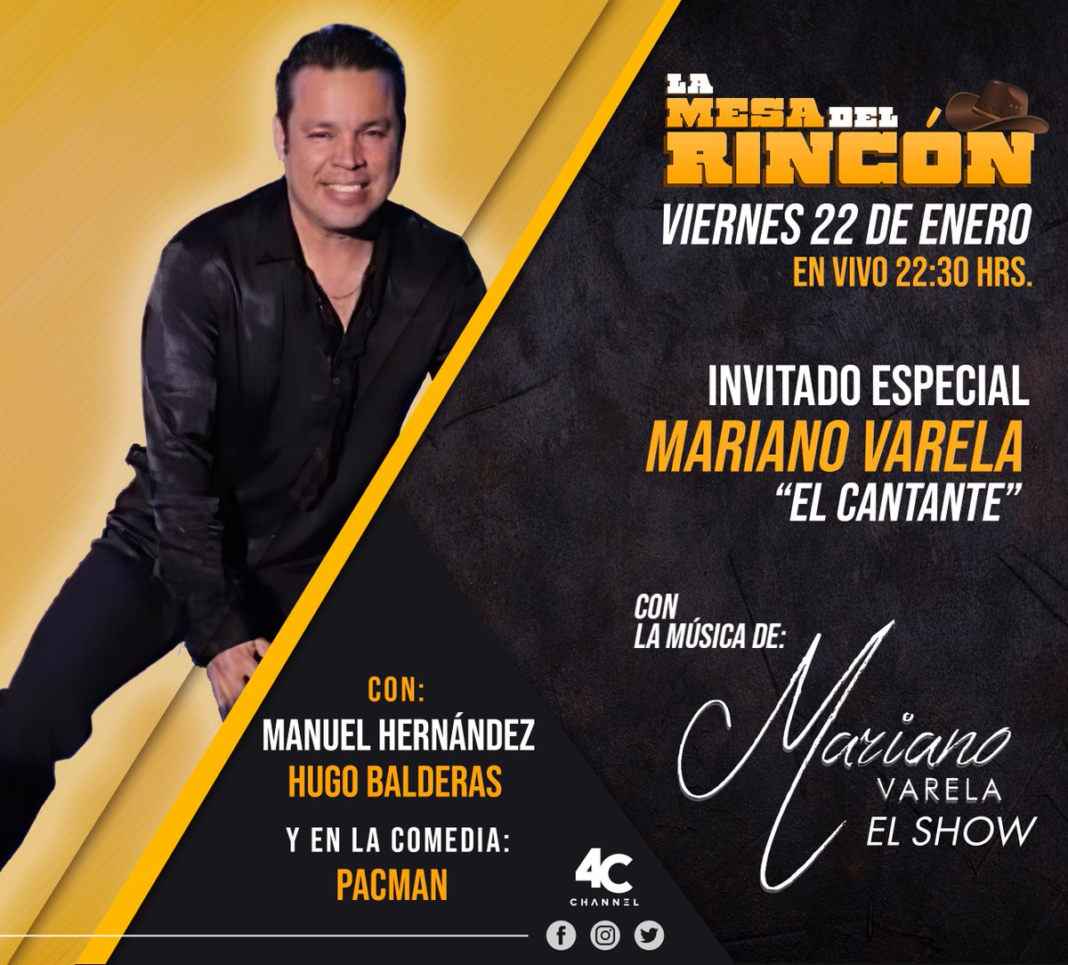 4C Channel • ¡Viernes y el cuerpo lo sabe!🎉💃

Nos vemos esta noche en punto de las 10:30 al ritmo de Varela Show y por supuesto de invitado tendremos a Mariano Varela “El cantante”.👌

#Viernes #LaMesa #4C #Channel
