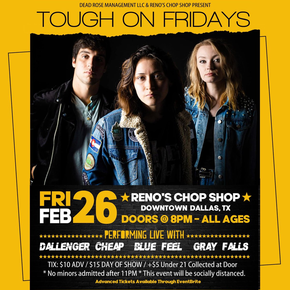 ToughOnFridays's tweet photo. New date new show new look! @RenosChopShop w/ #DallengerCheap @Blue_Feel_Band (dropping their new album 2/6 y’all) &amp; @GrayFallsGroup 
#deepellum @Do214 @DObserverMusic @music_legion @MusicCityPromo @wordman54 @Wrix2 @SusansMusicPage @DeepDallasRadio @DeepDallas @ITHERETWEETER1 https://t.co/cBkSSVNmjS