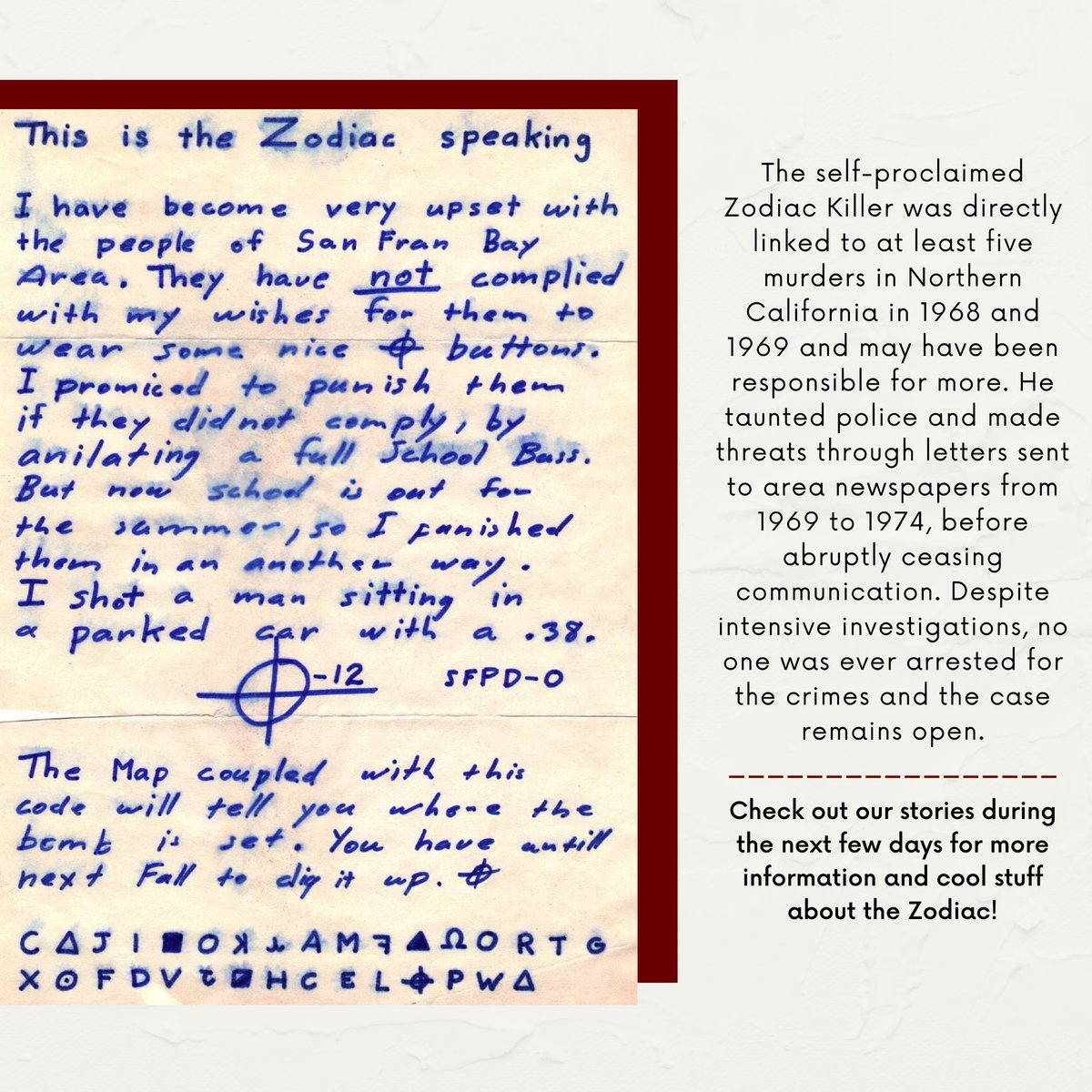 And we’re back!! :)

Join us next week for our first meeting of the semester where we will be discussing the infamous case of the ZODIAC KILLER 🔪 check out the following pages for more information and keep up to date with our stories the next few days for more cool info!! 💀