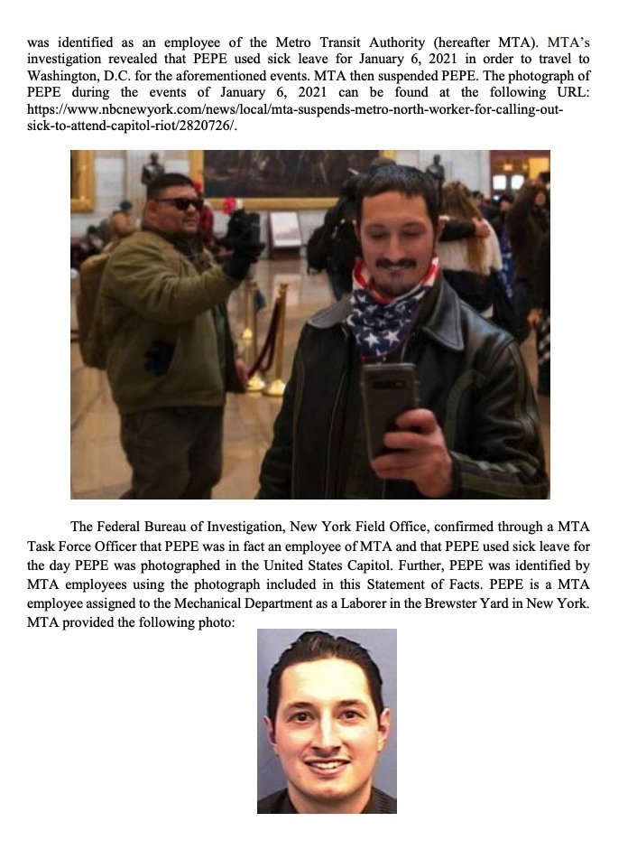 William Pepe, a Metro North worker in NY, was arrested after the FBI found mirror pics he took in the capitol during the insurrection. He was suspended by the MTA for calling out sick to go storm the Capitol. SDNY has put him on GPS monitoring.  https://www.nbcnewyork.com/news/local/mta-suspends-metro-north-worker-for-calling-out-sick-to-attend-capitol-riot/2820726/