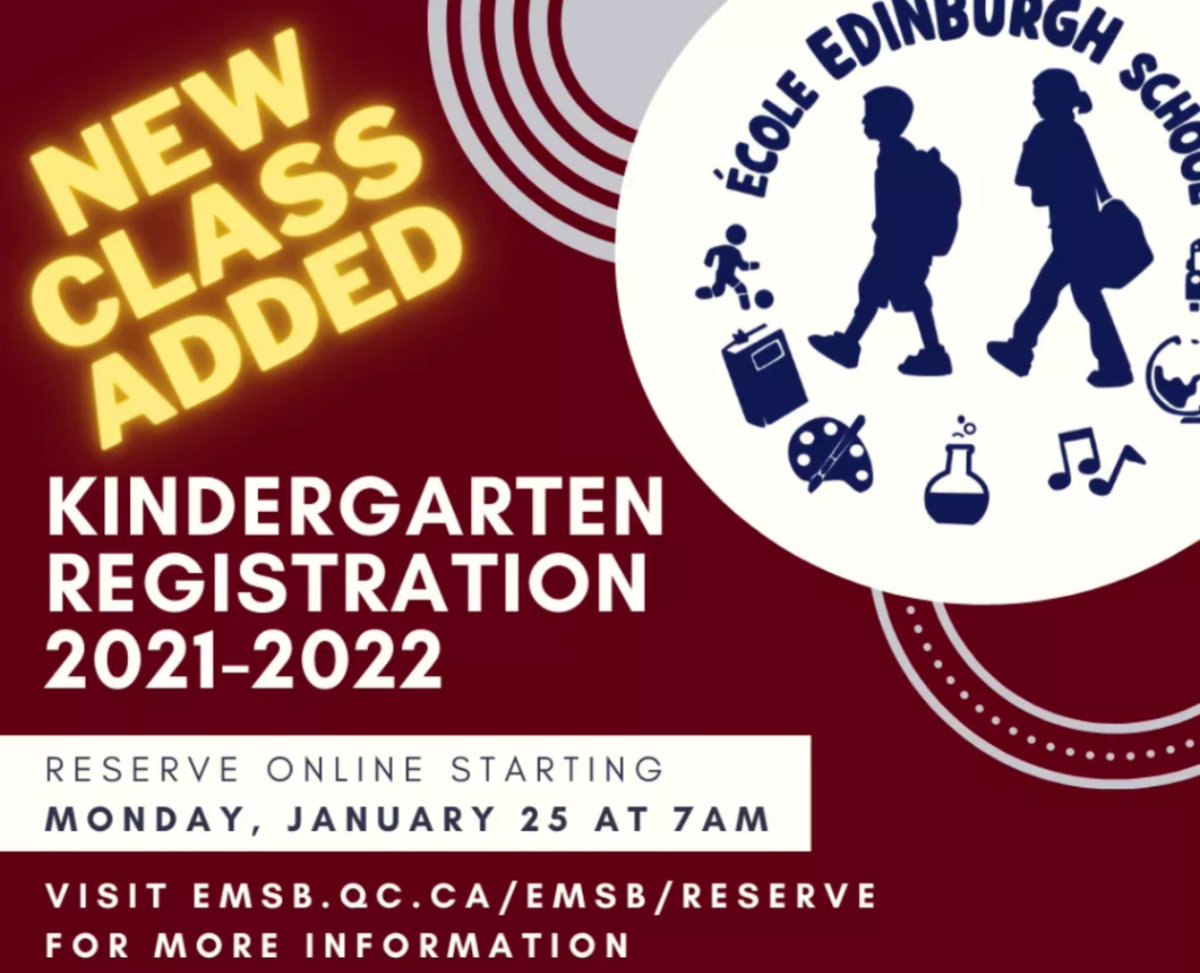 Great news: Edinburgh school will welcome 3 kindergarten classes next year! Reserve a time to register as of january 25 at 7am!

emsb.qc.ca/emsb/reserve

<a href="/EnglishMTL/">English Montreal School Board</a>