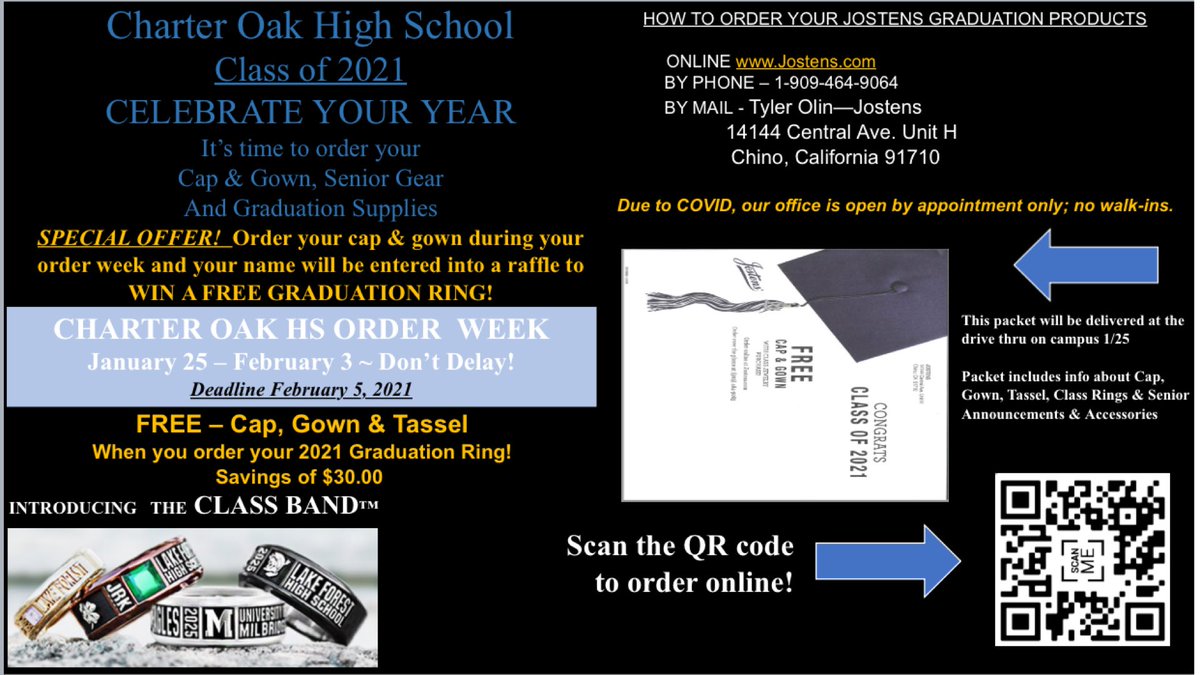 Attention Class of 2021!  Senior Day is Monday, January 25th.  Pick up your Josten’s packet and Class of 2021 Yard Sign. 💙💛