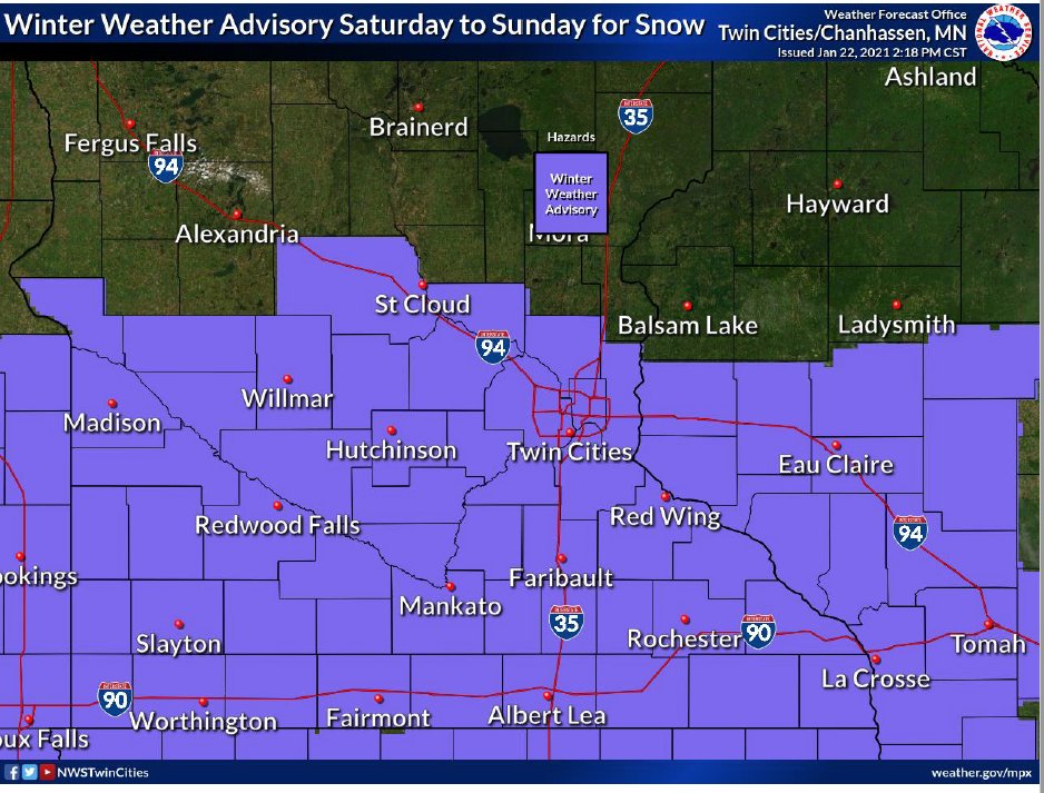 A Winter Weather Advisory has been issued for the Twin Cities and southern Minnesota. Plan ahead. Our snowplow crews are ready, but you should expect travel delays in these areas this weekend. https://t.co/NJhLNaDHoT