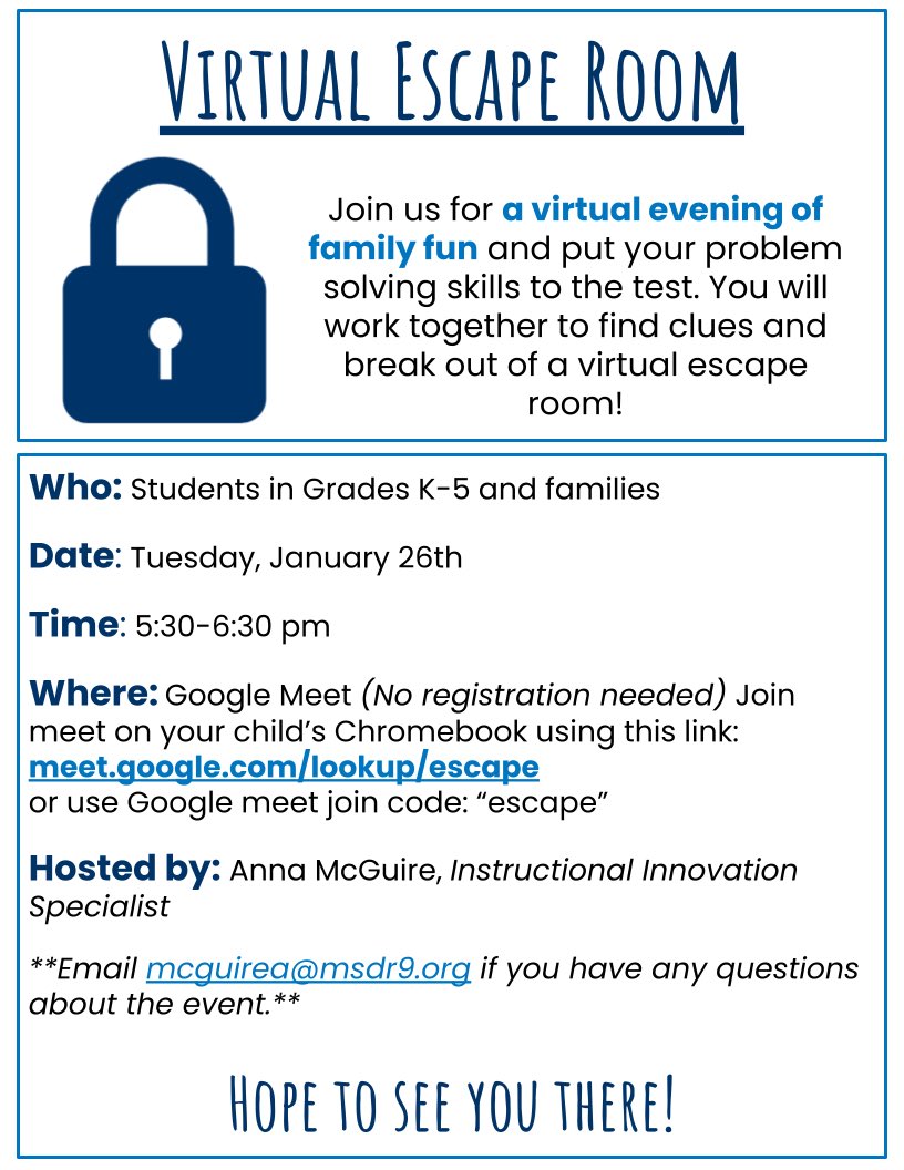 A reminder to <a href="/MehlvilleSD/">Mehlville School District</a> K-5 students and families: Join me on Tuesday, January 26th at 5:30 for a Virtual Escape Room Night! Event is held over Google Meet. Hope to see you there!