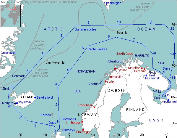 Para mantener la presión sobre Alemania los aliados tuvieron que mandar ingentes cantidades de material y suministros a los sovieticos. La mayor parte de este material llegó por vía marítima a los puertos Sovieticos de Murmansk y Arkhangelsk.