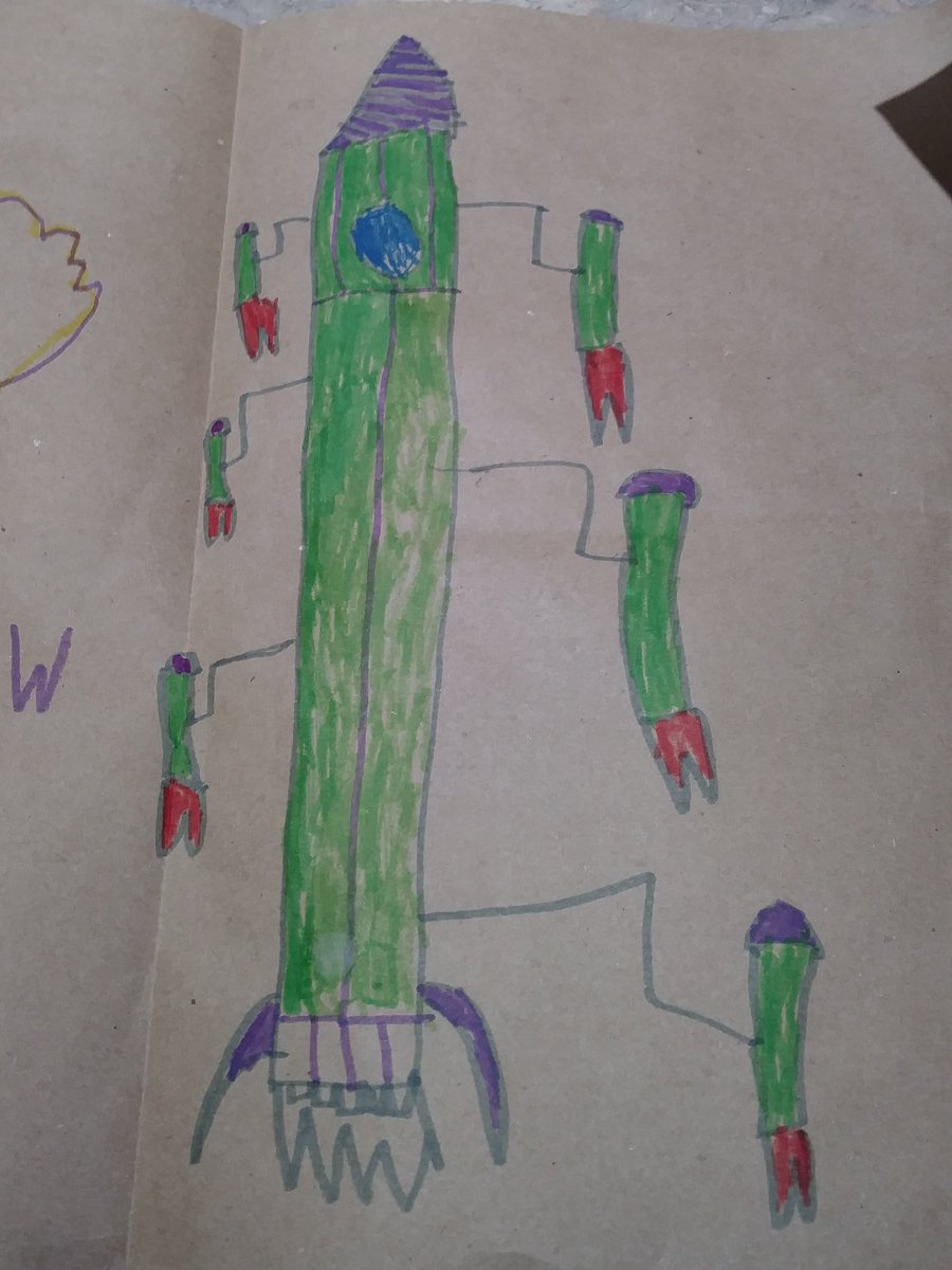 #KidsDrawRockets Here is one from my 5 year old grandson.  He knows Papaw loves rockets.  Pretty cool with fold in side rockets.