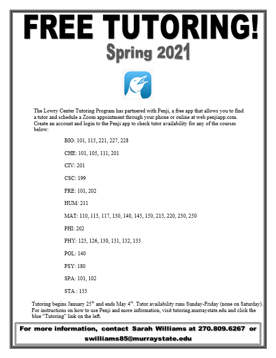 FREE TUTORING! The CAS Tutoring Center offers free virtual tutoring for any Murray State student through the free Penji app! Tutoring begins Monday, January 25th. Check out the list of courses below and head to our website for more information! 

murraystate.edu/headermenu/adm…