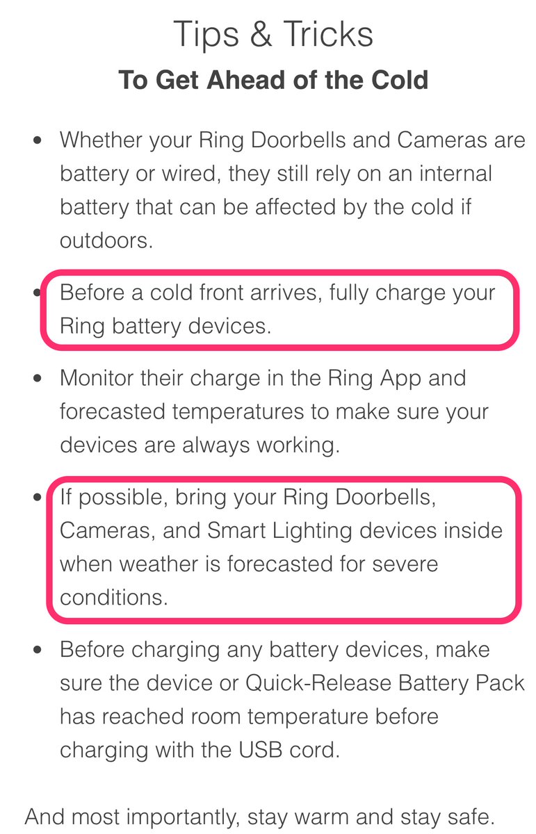 Got an email from @ring on ways to keep my doorbell happy in cold weather. Sounds like they're not designed to be outside in Minnesota winters. I get it, batteries and cold don't go together, but really? https://t.co/OXOlUFua38