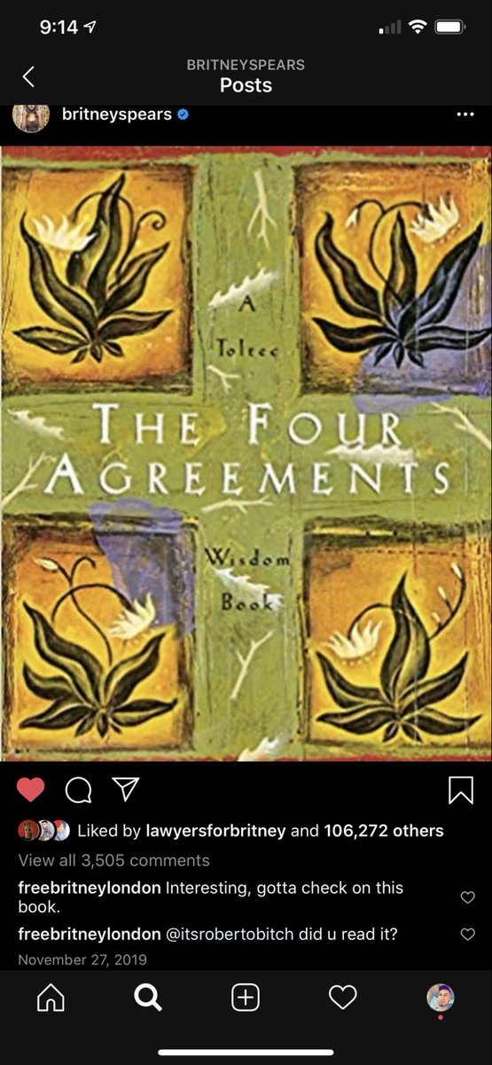 Do you remember when Britney posted about "The Four Agreements: A Practical Guide to Personal Freedom" except the freedom part was cut out? Well, it turns out that's Cassie's favorite book.  #FreeBritney
