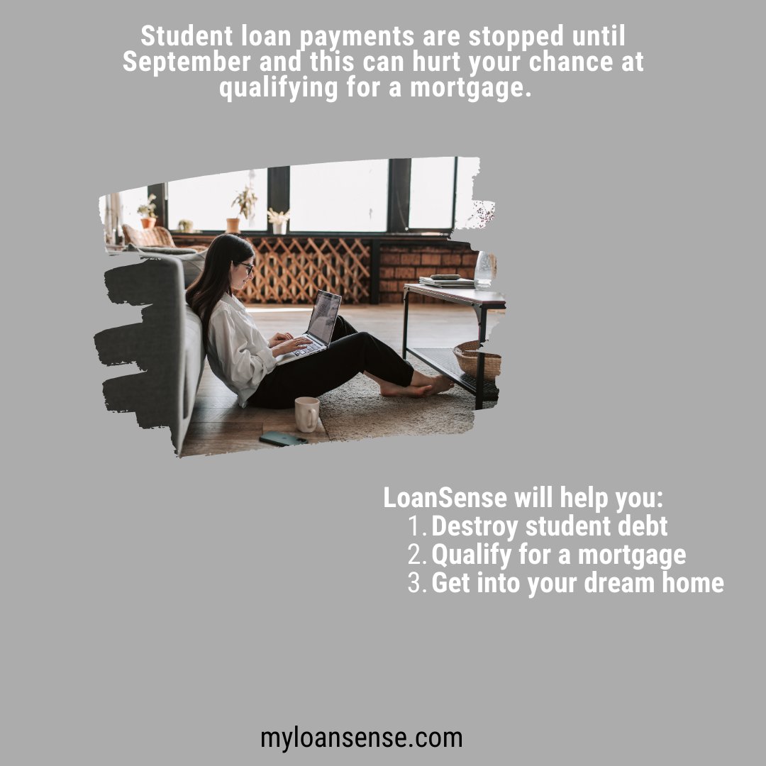 Student debt payment freeze may impede you from qualifying for a mortgage, head to myloansense.com and we'll help!

#studentdebt #studentloans #COVID19 #mortgage #homebuying #realesate #realtor #goals #dreams