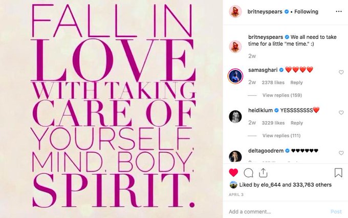 In April 2019, news broke that Britney had entered a mental health facility. We have to believe Cassie had a role in posting this on her Instagram to make it seem voluntary, and we all know Britney would NEVER use a :)  #FreeBritney